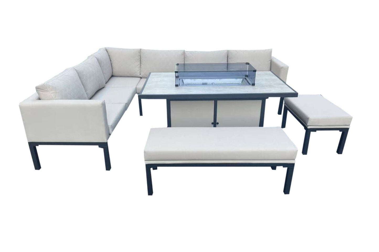 Ava Aluminium Corner Dining Set with Fire Pit – Beige
