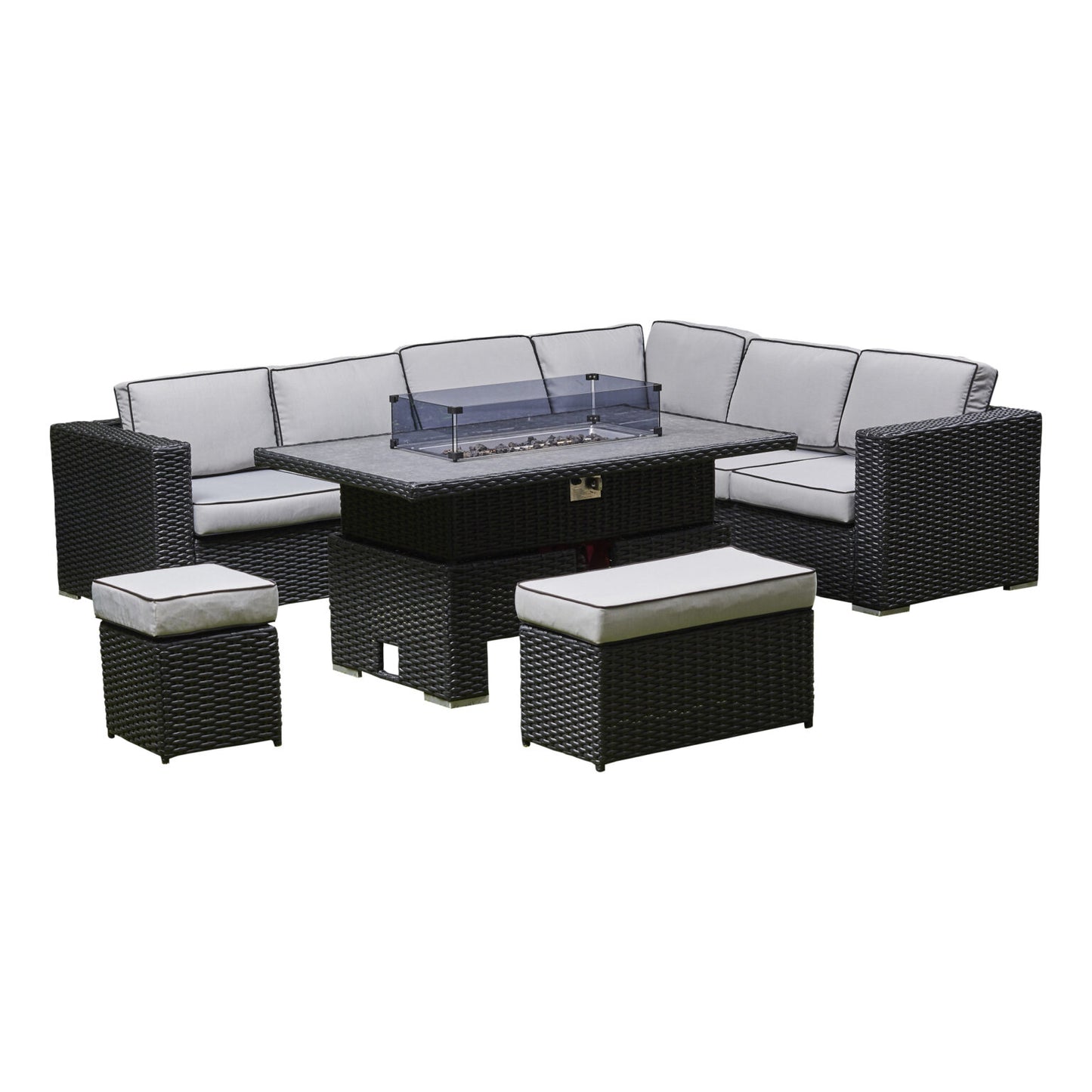 Chakra Rattan Corner Dining Set with Fire Pit – Black