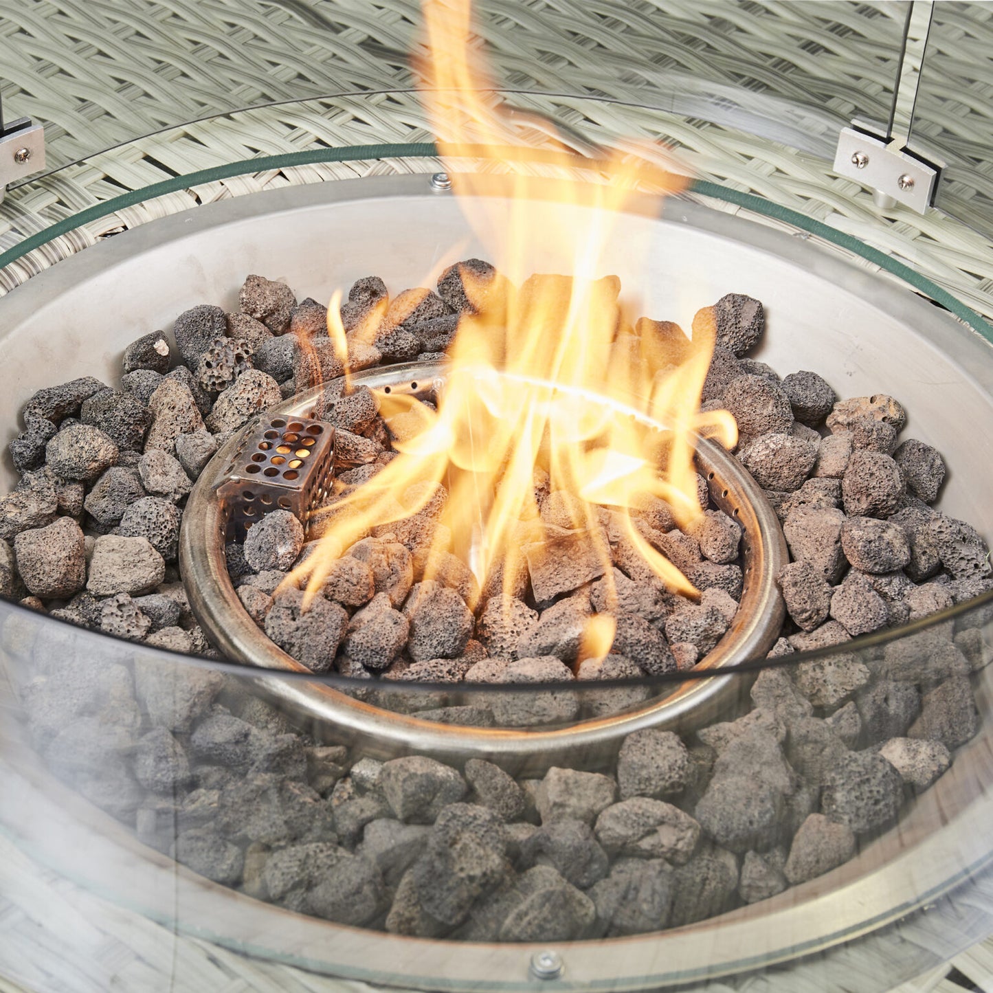 Lola Rattan Corner Dining Set with Fire Pit – Grey/Beige