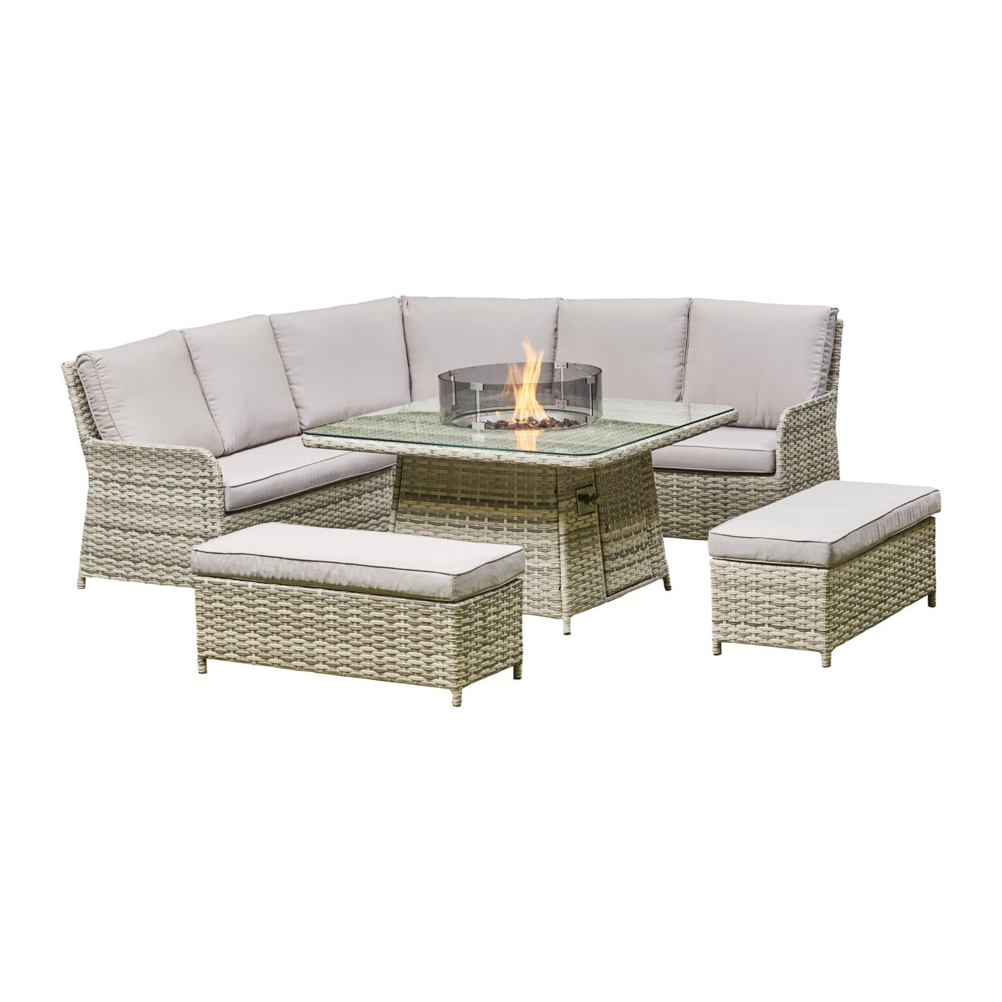 Lola Rattan Corner Dining Set with Fire Pit – Grey/Beige