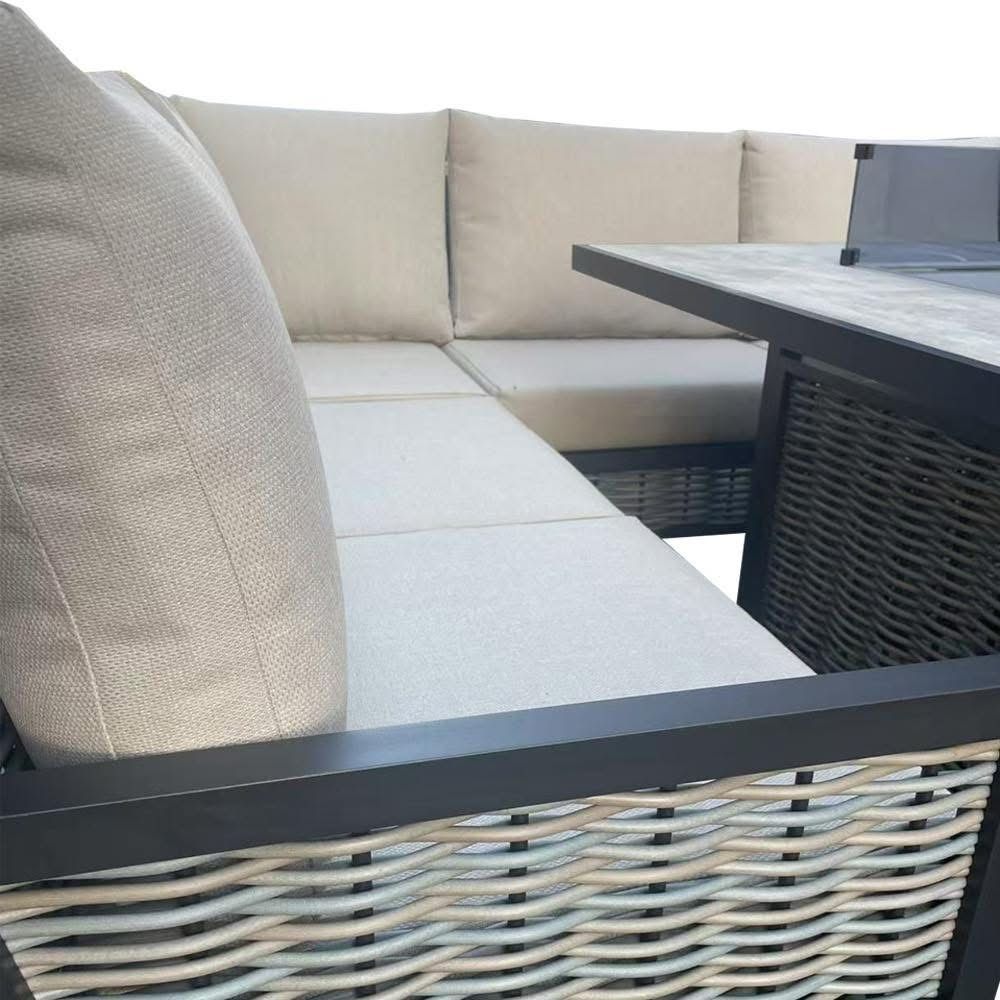Ivy Aluminium & Rattan Corner Dining Set with Fire Pit