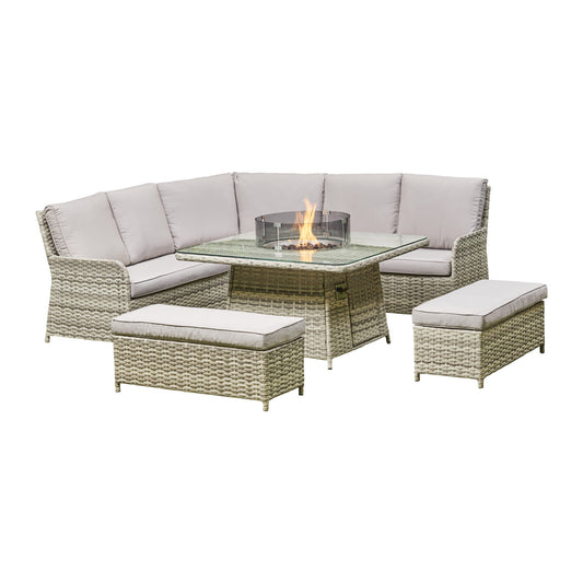 Lola Rattan Corner Dining Set with Fire Pit – Grey/Beige