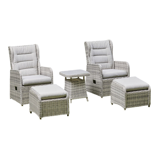 Willow Rattan and Aluminum Frame Reclining Lounge Set – Grey/Beige