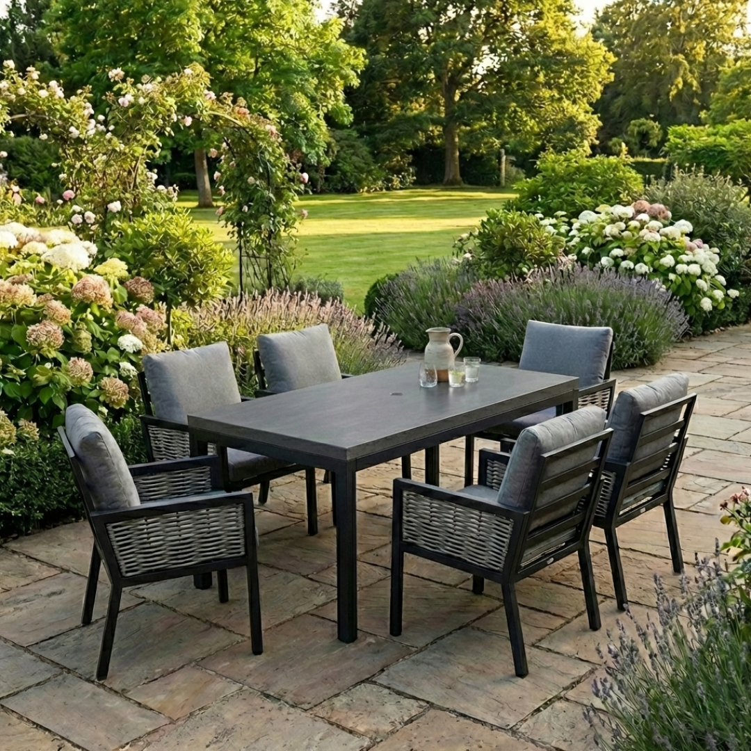 Hampton Aluminium & Rattan Combination 6 Seater Rectangle Dining Set
