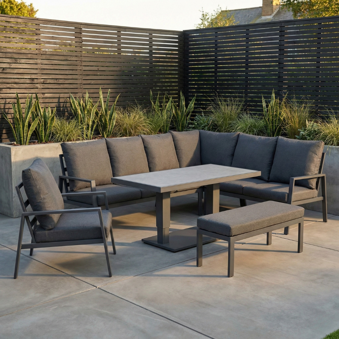 Kew Aluminium Corner Sofa Dining Set With Rise And Fall Table