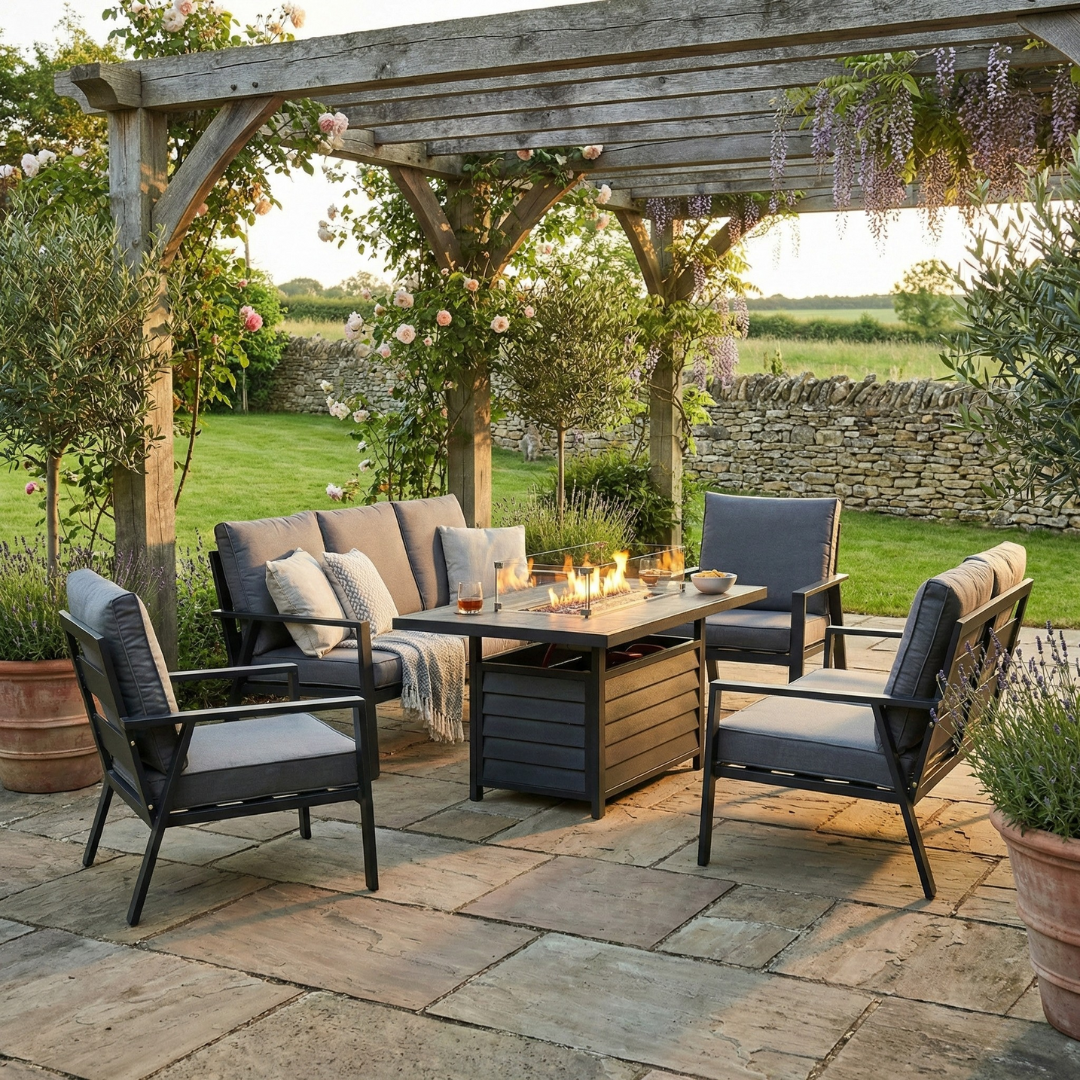 Sienna Aluminium Sofa Dining Set with Fire Pit – Grey