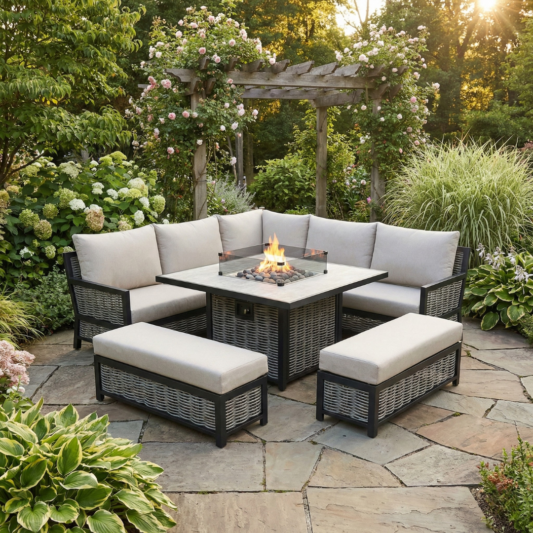 Ivy Aluminium & Rattan Corner Dining Set with Fire Pit